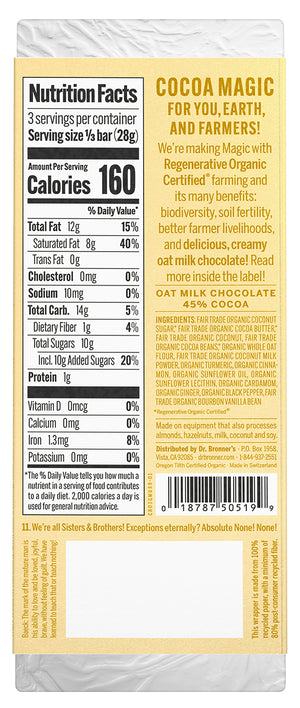 Oat Milk Chocolate Bars - Golden Milk Flavor - back of bar image