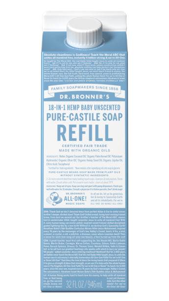 Dr. Bronner's Pure-Castile Soap Refill Carton, Baby Unscented 32 fl oz Carton