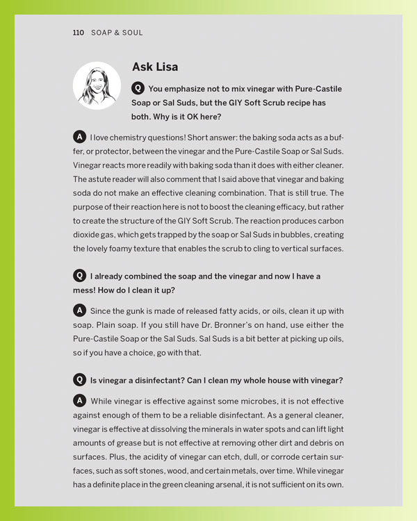 Ask Lisa Q&A section on a gray background with green edges, addressing common questions about Dr. Bronner’s Pure Castile Soap uses, safety, ingredients, and versatility.