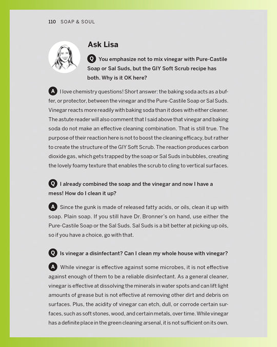 Ask Lisa Q&A section on a gray background with green edges, addressing common questions about Dr. Bronner’s Pure Castile Soap uses, safety, ingredients, and versatility.