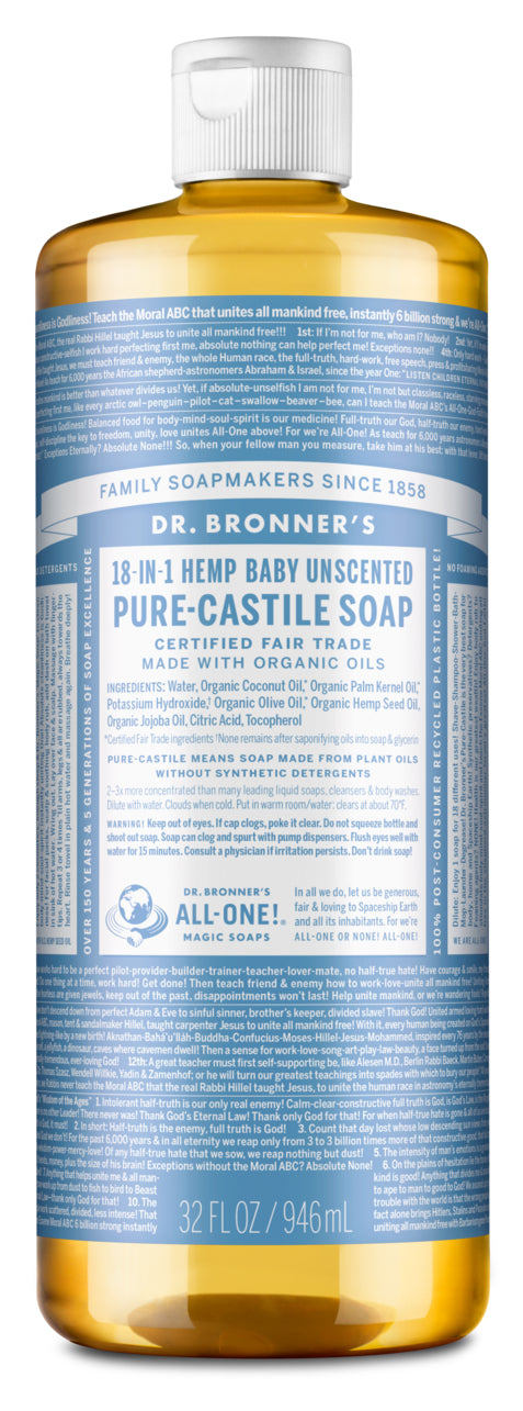 Dr Bronners Pure-Castile Soap, 18-in-1, Hemp, Baby, Unscented - 32 fl oz