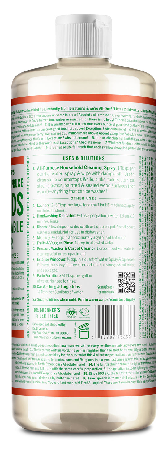 Dr. Bronner’s Tea Tree Pure Castile Liquid Soap in a clear bottle with white cap, featuring dilution instructions and eco-friendly ingredients for sustainable multipurpose cleaning.