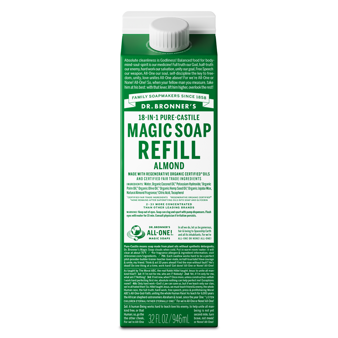 Dr. Bronners 18 in 1 Pure Castile Magic Soap Refill Almond carton displays text about organic and fair trade ingredients, emphasizing sustainability. Contains organic oils, non toxic, eco friendly. Capacity 32 fl oz [32 oz]