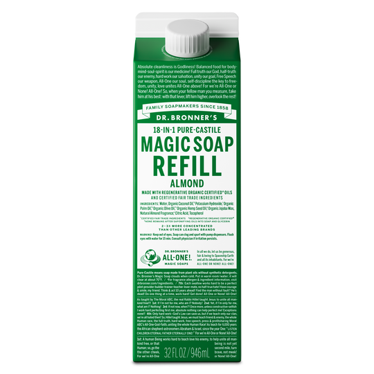 Dr. Bronners 18 in 1 Pure Castile Magic Soap Refill Almond carton displays text about organic and fair trade ingredients, emphasizing sustainability. Contains organic oils, non toxic, eco friendly. Capacity 32 fl oz [32 oz]