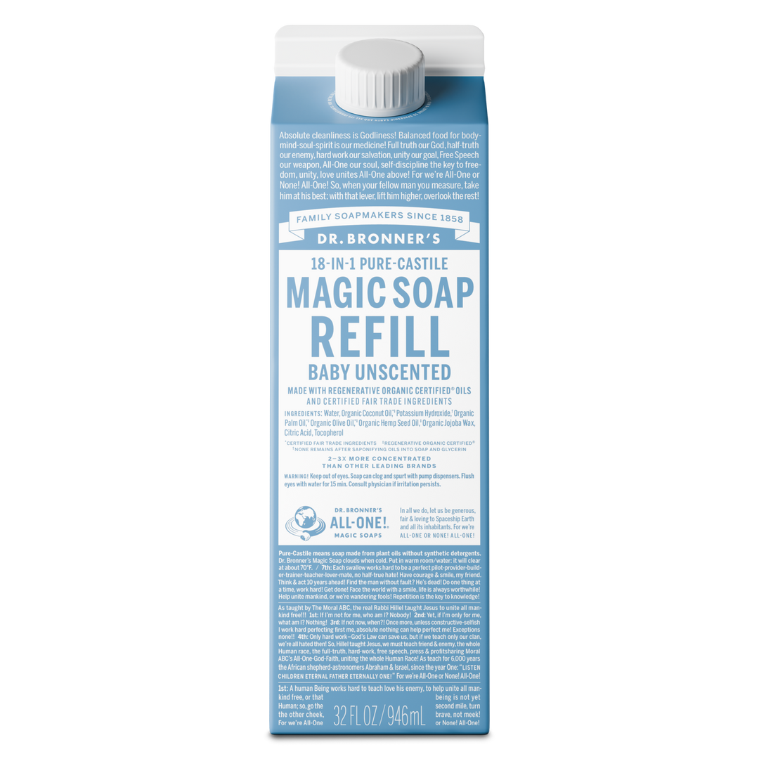 Dr. Bronner’s Baby Unscented 18-in-1 Pure Castile Soap Refill carton featuring organic and fair trade ingredients for gentle, eco-friendly multipurpose cleaning. [32 oz]