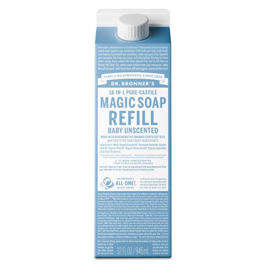 Dr. Bronner’s Baby Unscented 18-in-1 Pure Castile Soap Refill carton featuring organic and fair trade ingredients for gentle, eco-friendly multipurpose cleaning. [32 oz]