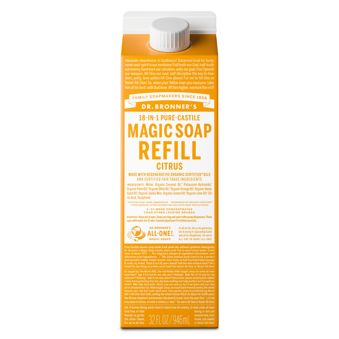 Carton of Dr. Bronners 18 in 1 Pure Castile Magic Soap Refill, labeled Citrus. Contains organic oils and fair trade ingredients. Text emphasizes versatility and eco friendliness. Volume 32 FL OZ 946 mL [32 oz]
