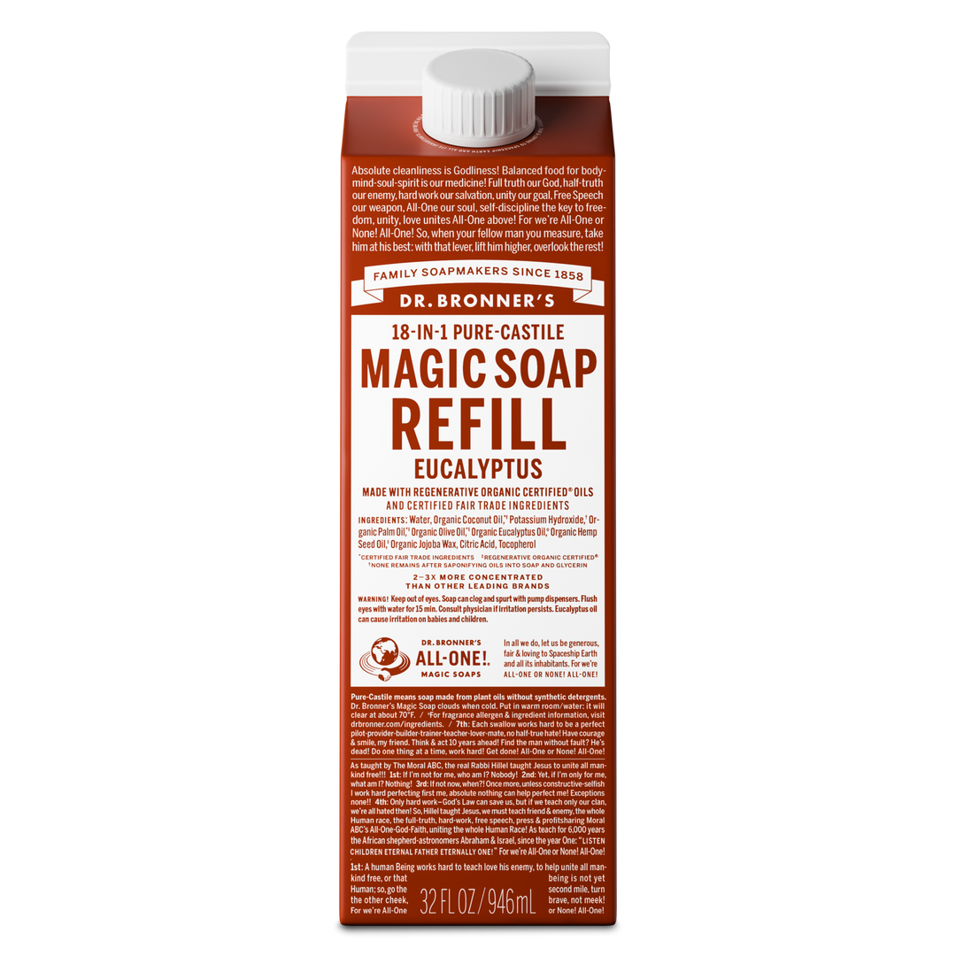 A carton displays DR. BRONNERS 18 IN 1 PURE CASTILE MAGIC SOAP REFILL EUCALYPTUS text prominently. Featuring fair trade organic ingredients, it champions sustainability in personal care within a versatile refillable packaging [32 oz]