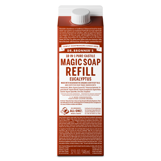 A carton displays DR. BRONNERS 18 IN 1 PURE CASTILE MAGIC SOAP REFILL EUCALYPTUS text prominently. Featuring fair trade organic ingredients, it champions sustainability in personal care within a versatile refillable packaging [32 oz]