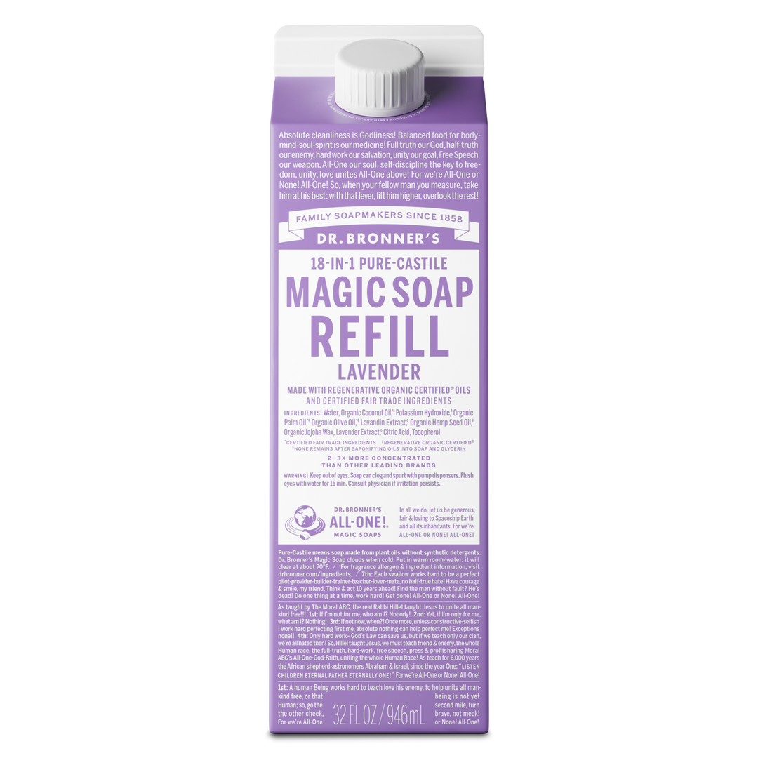 A purple carton labeled Dr. Bronners Magic Soap Refill Lavender with text detailing organic certification, ingredients, and usage. This eco friendly, vegan product is ideal for sustainable living and organic skincare [32 oz]