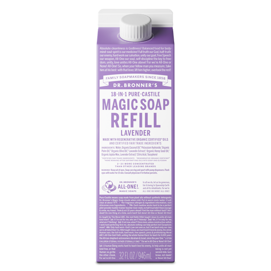 A purple carton labeled Dr. Bronners Magic Soap Refill Lavender with text detailing organic certification, ingredients, and usage. This eco friendly, vegan product is ideal for sustainable living and organic skincare [32 oz]