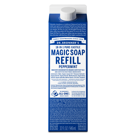 A blue carton labeled Dr. Bronners Magic Soap Refill Peppermint stands upright, featuring text on sustainable, fair trade ingredients. The background is plain white, emphasizing eco friendly soap packaging [32 oz]