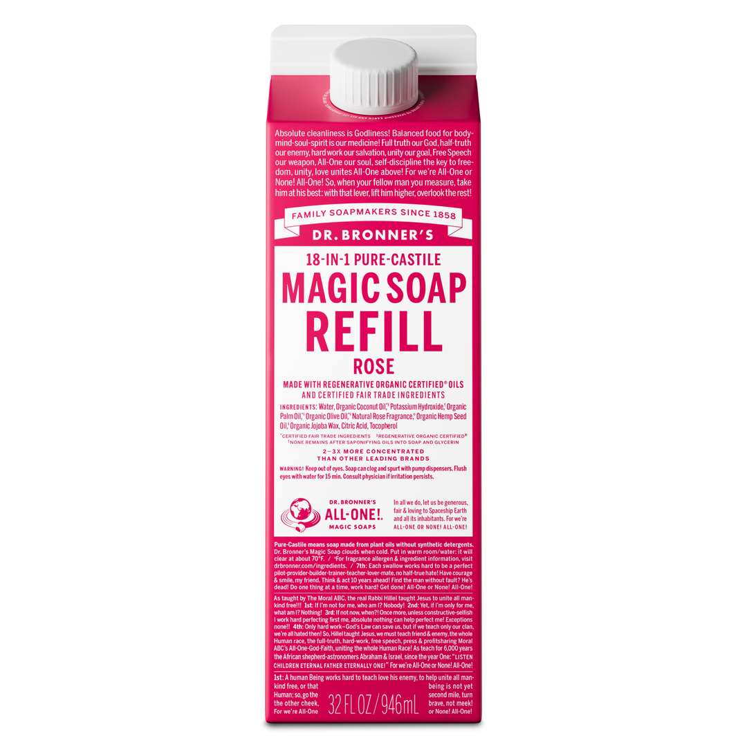 A carton of Dr. Bronners Magic Soap Refill in rose scent, highlighting 18 in 1 pure castile soap uses. Made with organic and fair trade ingredients like coconut and palm kernel oil, 32 fl oz [32 oz]