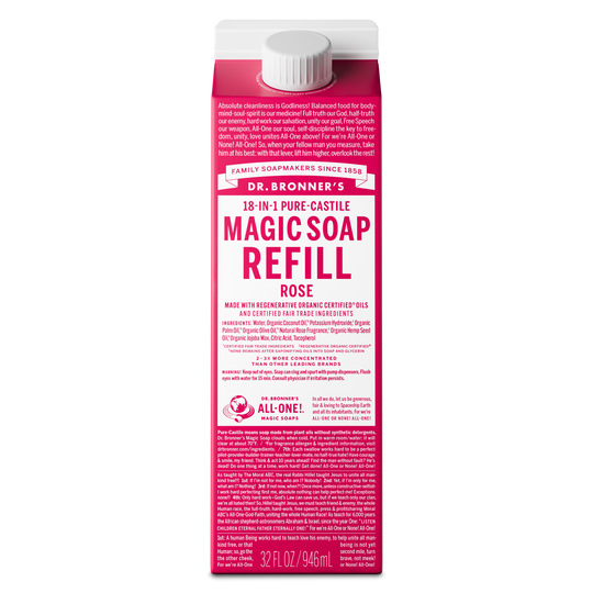 A carton of Dr. Bronners Magic Soap Refill in rose scent, highlighting 18 in 1 pure castile soap uses. Made with organic and fair trade ingredients like coconut and palm kernel oil, 32 fl oz [32 oz]