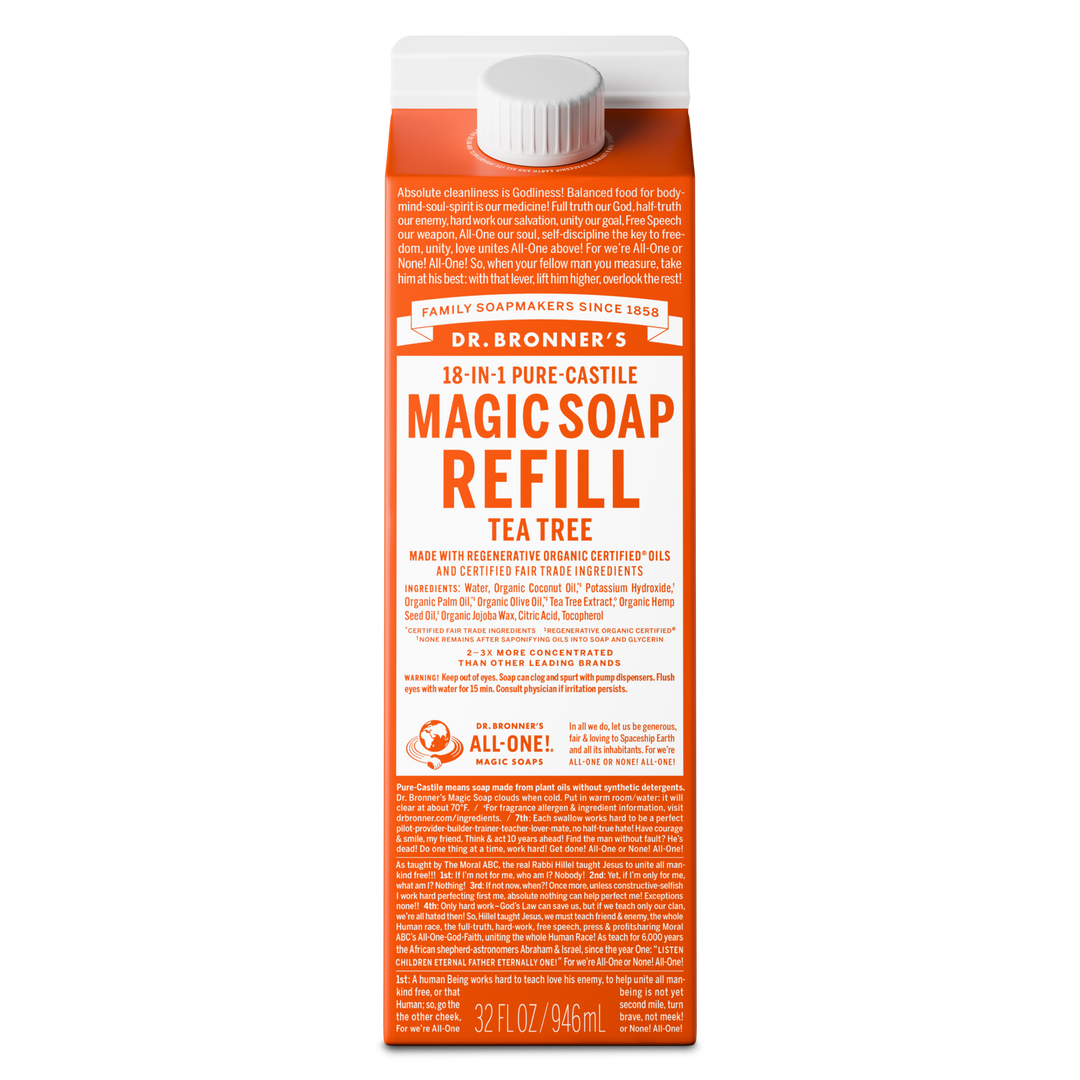 A 32 oz carton labeled Dr. Bronners 18 In 1 Pure Castile Magic Soap Refill Tea Tree stands vertically, featuring detailed text on the orange background, emphasizing its organic, fair trade ingredients [32 oz]