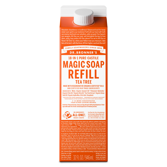 A 32 oz carton labeled Dr. Bronners 18 In 1 Pure Castile Magic Soap Refill Tea Tree stands vertically, featuring detailed text on the orange background, emphasizing its organic, fair trade ingredients [32 oz]