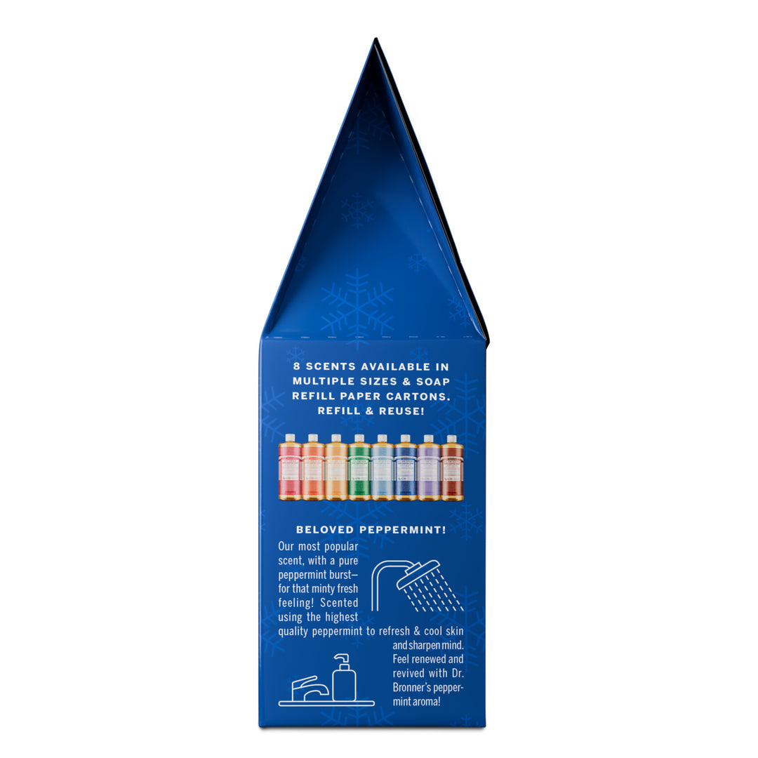 Blue Dr. Bronner’s carton displaying multiple soap bottles and promoting eco-friendly refill options, including the refreshing peppermint scent. [One Size]