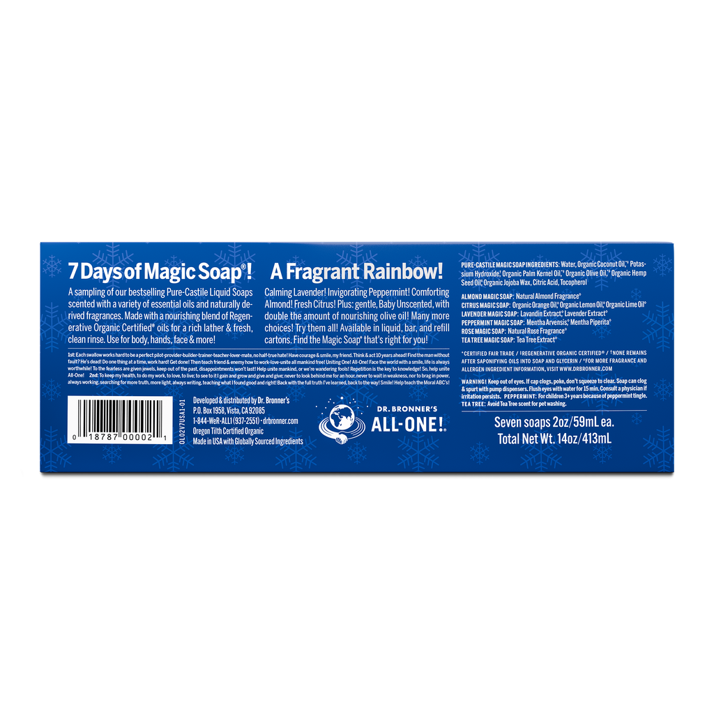 A rectangular blue box features text detailing 7 Days of Magic Soap by Dr. Bronners. It highlights various Pure Castile Liquid Soaps, including peppermint and lavender, promoting eco friendly and multi purpose cleaning. Total net weight is 14oz413ml [One Size]