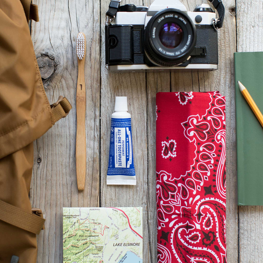 A camera, toothbrush, tube of Dr. Bronners toothpaste, map, red bandana, green notebook, and pencil are neatly arranged on a wooden surface, suggesting a travel theme. Lake Elsinore is marked on the map [5 oz]