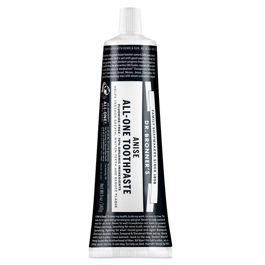 A black and white tube labeled All One Toothpaste stands upright against a white background. The label highlights its natural, fluoride free formula, indicating eco friendly, vegan, and organic qualities [5 oz]