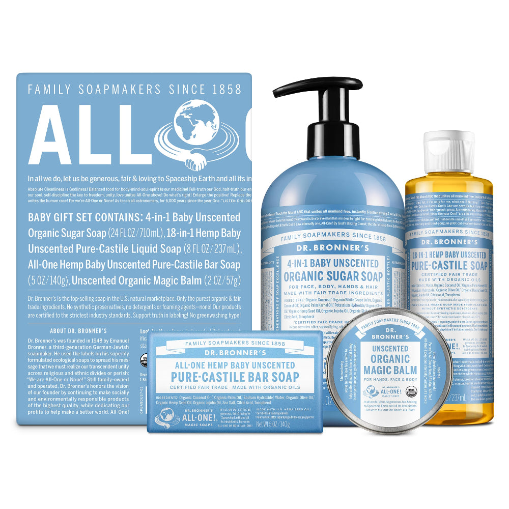 Dr. Bronner’s Baby Gift Set featuring unscented organic sugar soap, liquid castile soap, bar soap, and magic balm against a light blue background.
