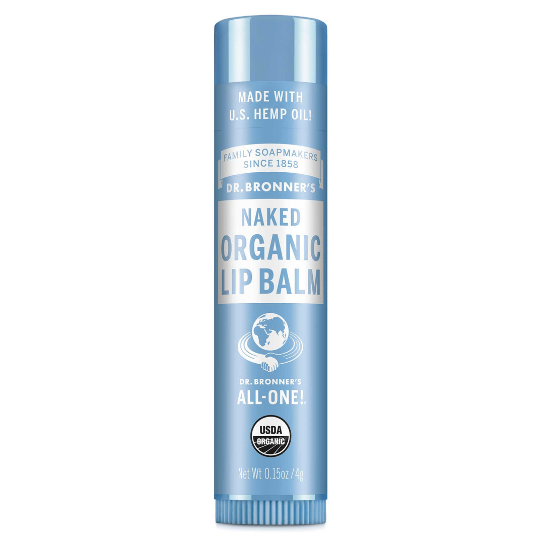 Dr. Bronners Naked Organic Lip Balm tube featuring soothing blue packaging with bold text highlighting its composition MADE WITH U.S. HEMP OIL and branding. FAMILY SOAPMAKERS SINCE 1858 DR. BRONNERS ALL ONE with USDA ORGANIC certification. Net Wt 0.15oz 4g [.15 oz]