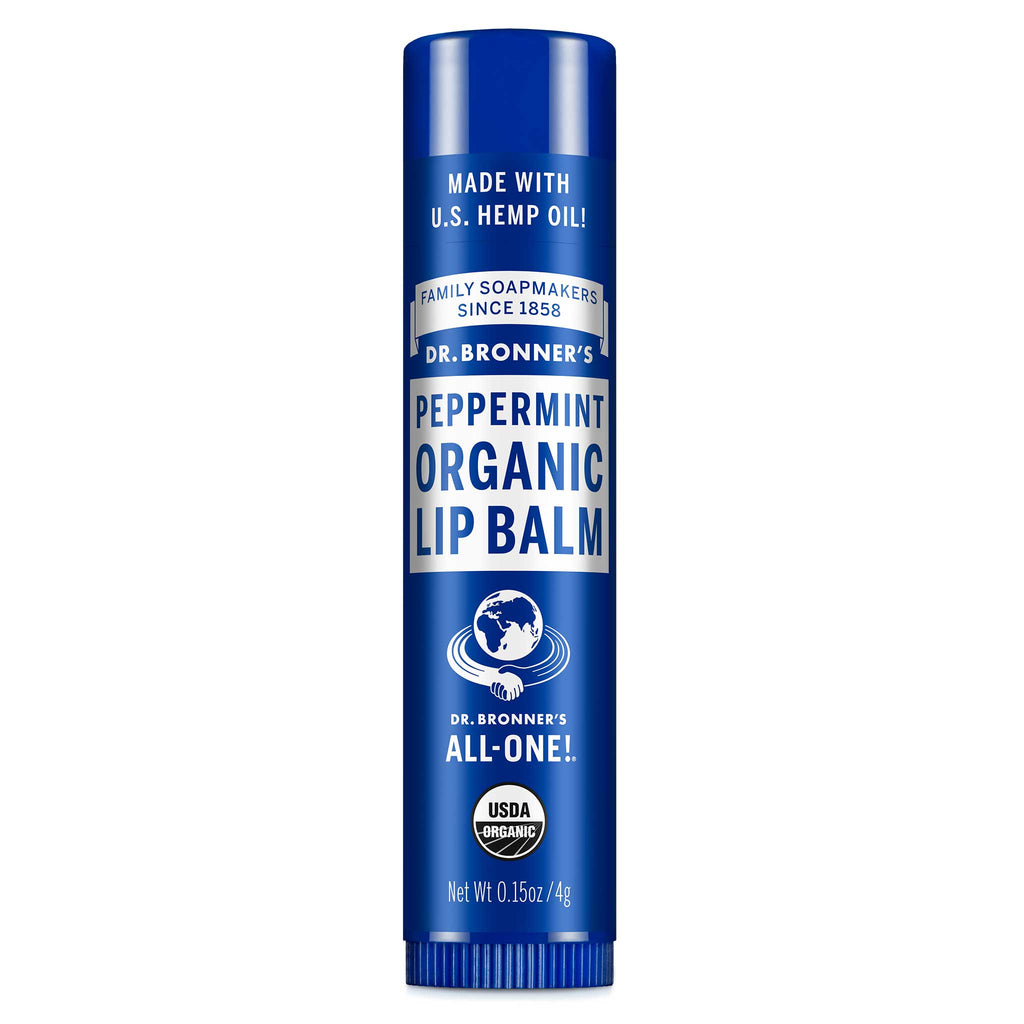 A blue cylindrical tube labeled Dr. Bronners Peppermint Organic Lip Balm featuring white text and certifications like USDA Organic. Ideal for those seeking organic, eco friendly lip care [.15 oz]