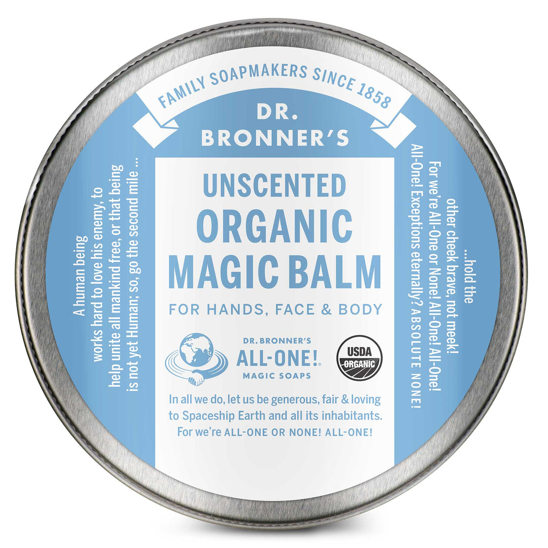 A circular tin labeled Dr. Bronners Unscented Organic Magic Balm designed for hands, face, and body. It features Family Soapmakers Since 1858 and All One messaging, with organic certification  [2 oz]