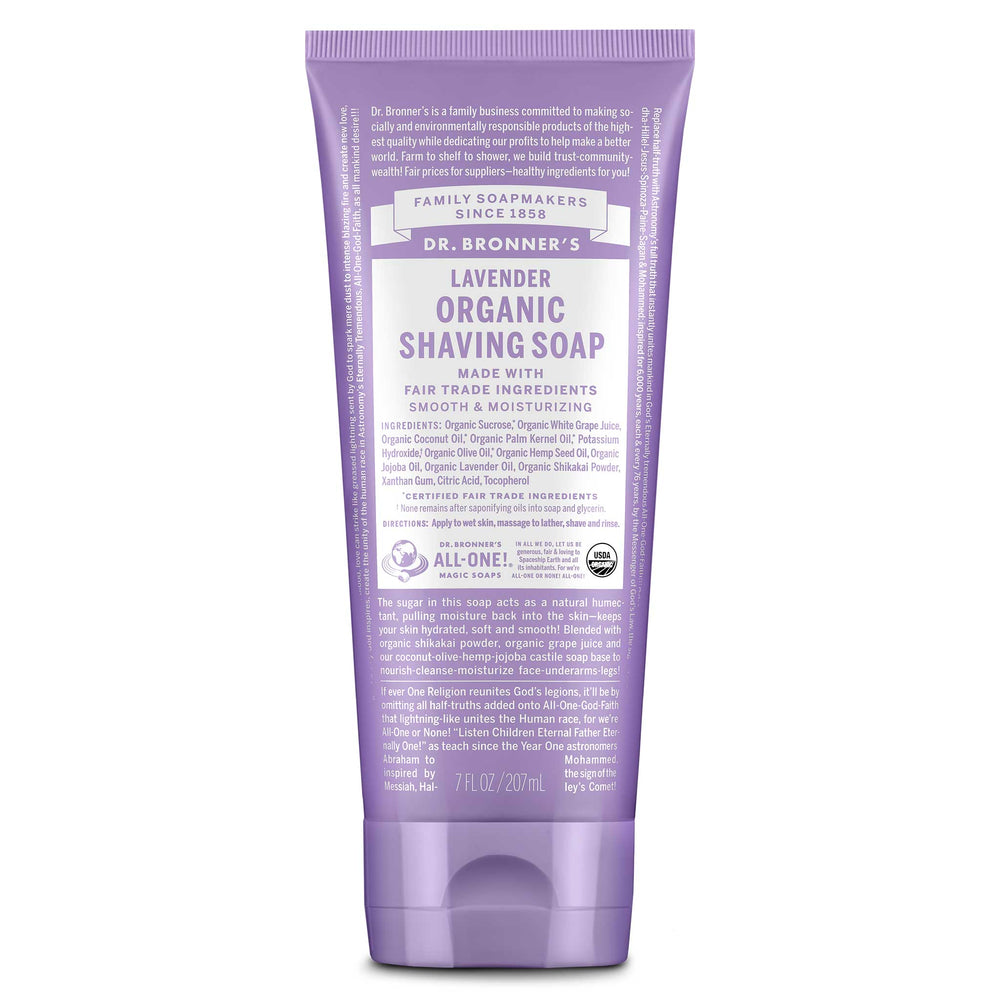 Dr. Bronner’s Lavender Organic Shaving Soap in a tube, featuring a smooth, moisturizing formula made with fair trade organic ingredients like grape juice, coconut oil, olive oil, and hemp seed oil.