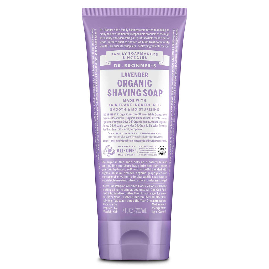 A lavender colored tube labeled Dr. Bronners Lavender Organic Shaving Soap features detailed text about fair trade and moisturizing ingredients. It emphasizes being organic and eco friendly, set against a plain white background [7 oz]