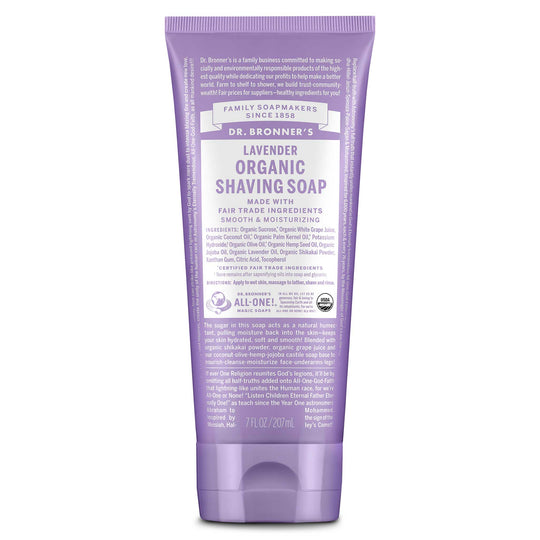 Dr. Bronner’s Lavender Organic Shaving Soap in a tube, featuring a smooth, moisturizing formula made with fair trade organic ingredients like grape juice, coconut oil, olive oil, and hemp seed oil.