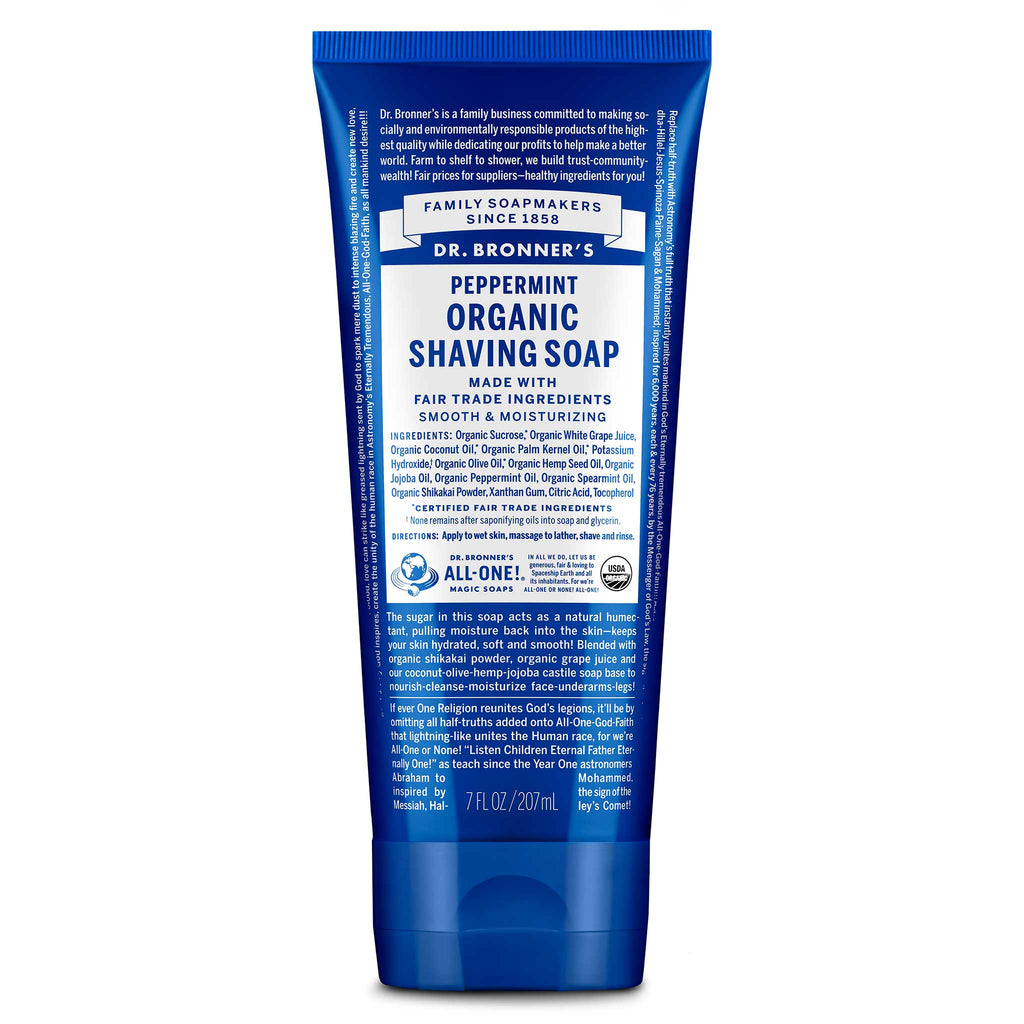 A blue tube labeled Dr. Bronners Peppermint Organic Shaving Soap is displayed. It highlights fair trade ingredients, smooth and moisturizing properties, and contains text detailing usage and benefits. The background is plain white [7 oz]