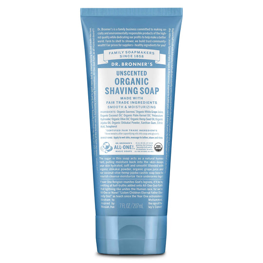 Dr. Bronner’s Unscented Organic Shaving Soap tube in blue and white, featuring organic and fair trade ingredients for a smooth, moisturizing, eco-friendly shave.