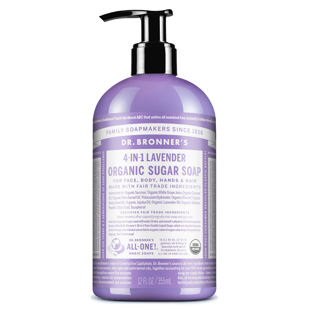 A 12 oz bottle of Dr. Bronners 4 in 1 Lavender Organic Sugar Soap with a pump dispenser. The label reads For face, body, hands hair. Made with fair trade ingredients. Certified Fair Trade Ingredients. The packaging highlights sustainable, organic attributes [12 oz]