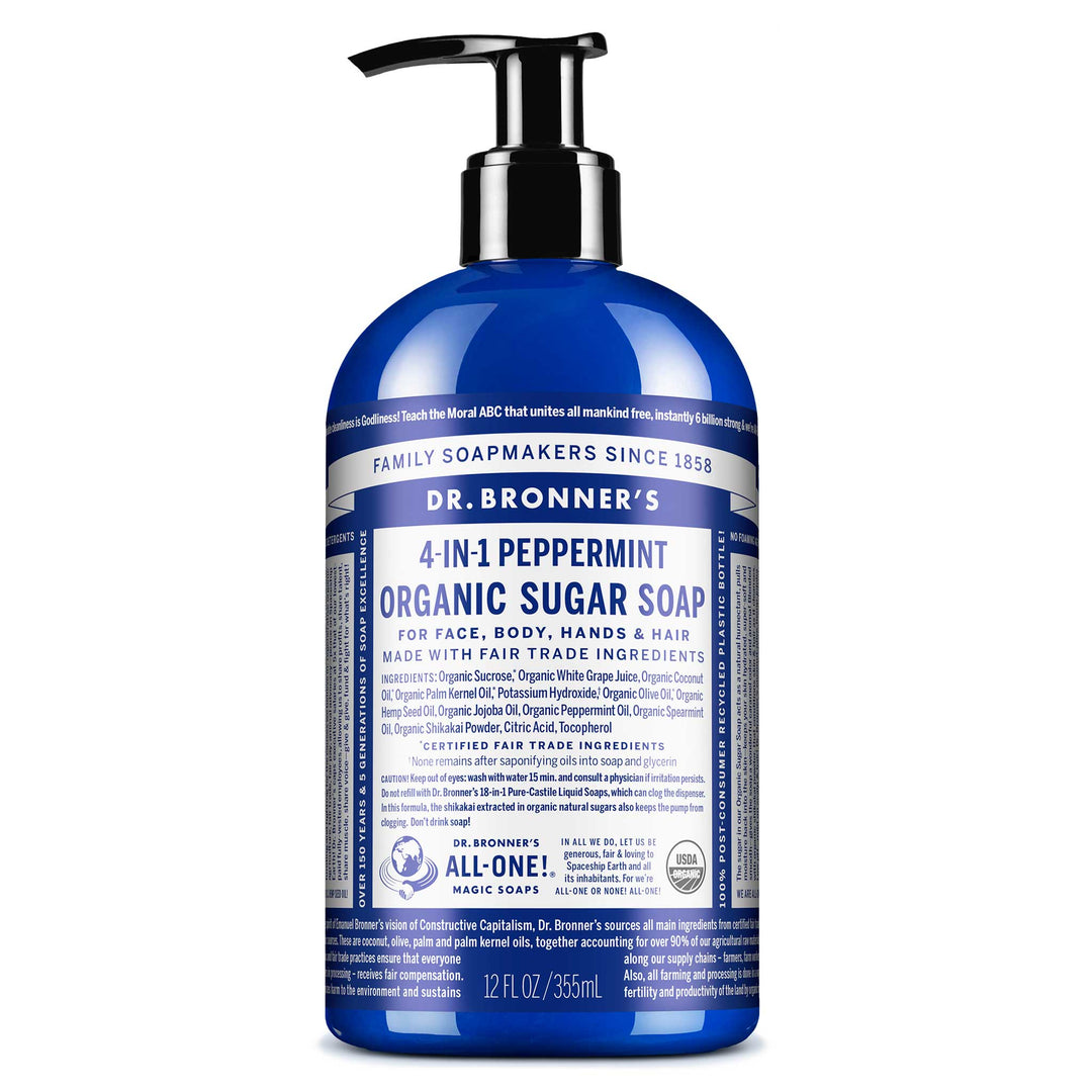 A blue bottle of Dr. Bronners Peppermint Organic Sugar Soap with a pump dispenser stands against a white background. The front label details ingredients and product information, emphasizing organic certification [12 oz]