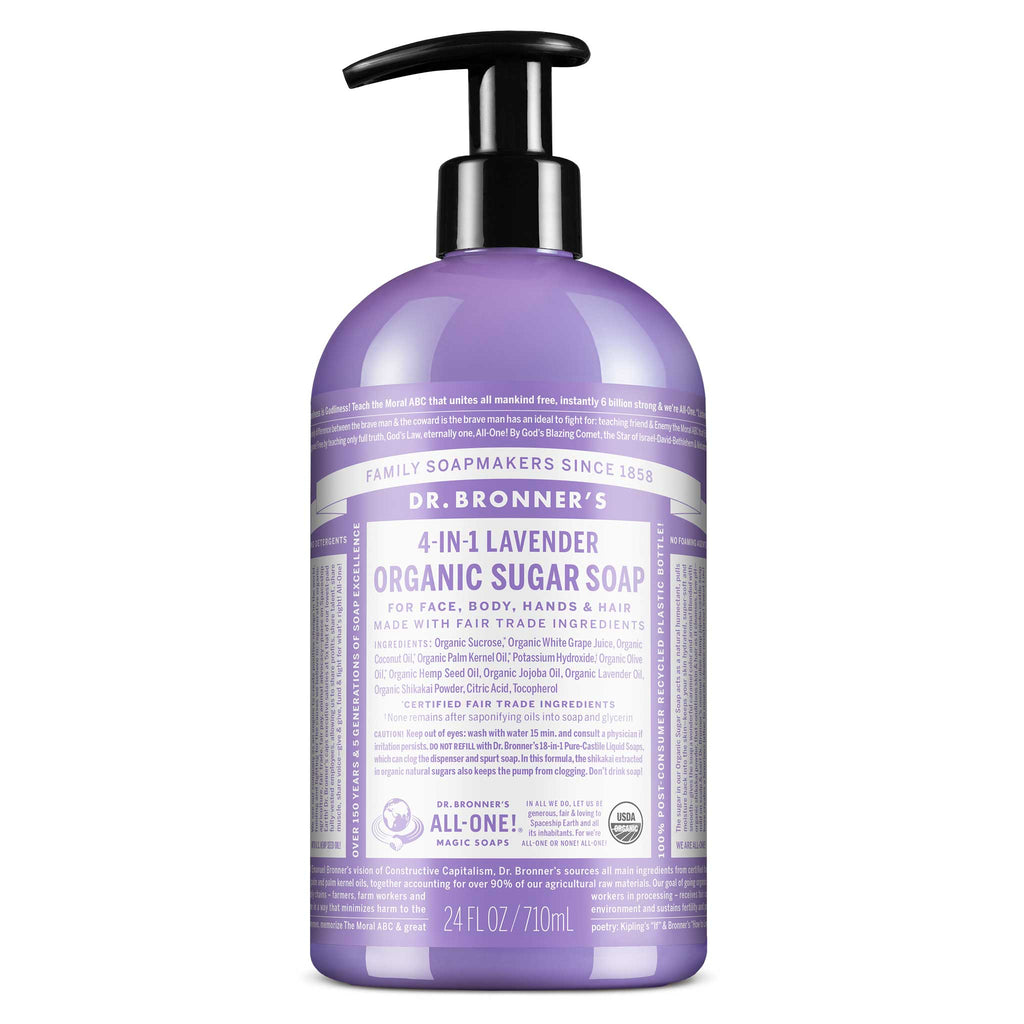 A lavender colored bottle with a pump dispenses Dr. Bronners Lavender Organic Sugar Soap. The label features text promoting organic and fair trade ingredients, enhancing eco friendly personal care routines [24 oz]