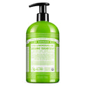 A green bottle with a black pump dispenser contains Dr. Bronners all in one hemp tea tree pure liquid castile soap. The label displays extensive text detailing usage instructions and product information [24 oz]