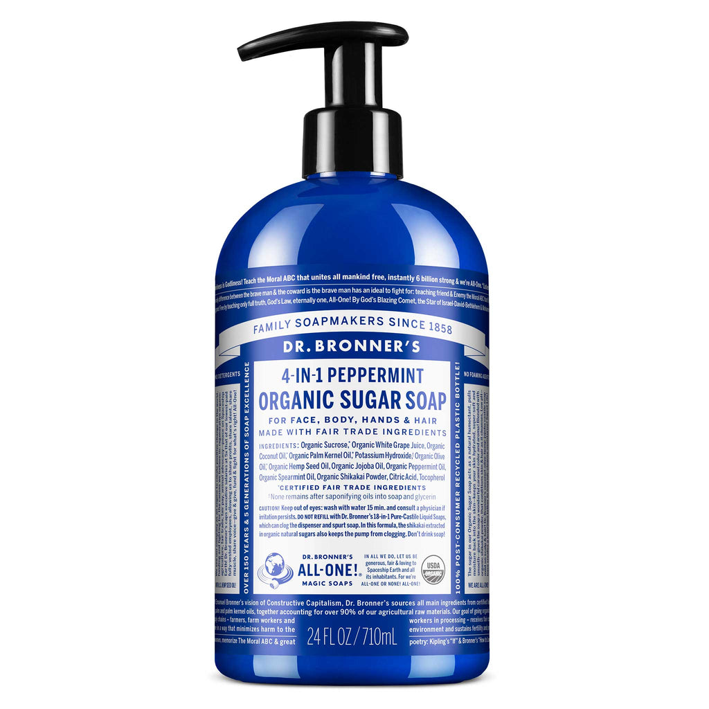 A blue bottle of Dr. Bronners Organic Sugar Soap with pump dispenser displayed on a white background. The label features small, detailed text about ingredients and product details, highlighting eco friendly and fair trade certifications [24 oz]