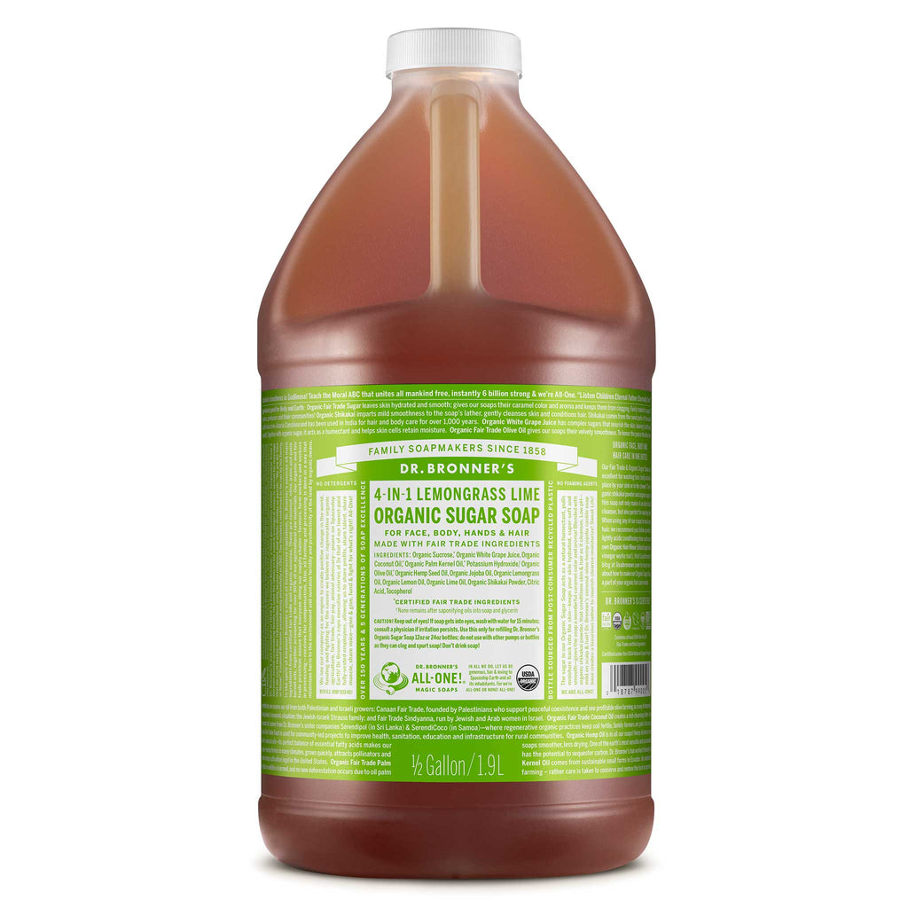 A half gallon bottle of Dr. Bronners 4 in 1 Lemongrass Lime Organic Sugar Soap features a green label with white text detailing uses for face, body, hands, and hair. Eco friendly and vegan [1/2 Gallon]