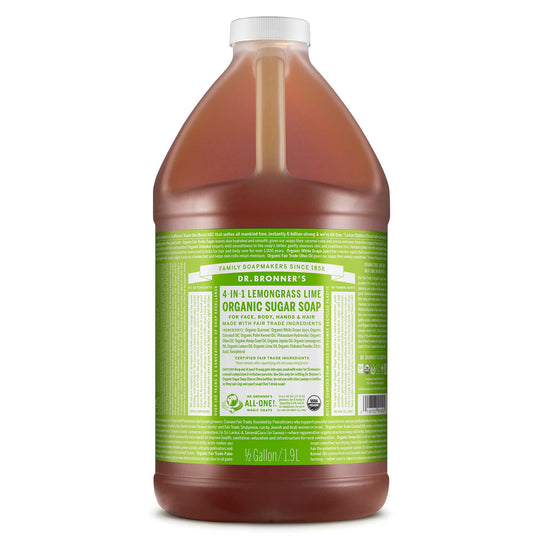 A half gallon bottle of Dr. Bronners 4 in 1 Lemongrass Lime Organic Sugar Soap features a green label with white text detailing uses for face, body, hands, and hair. Eco friendly and vegan [1/2 Gallon]