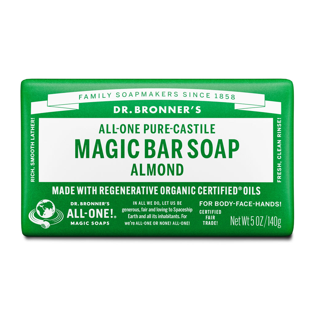Dr. Bronners Magic Bar Soap in almond scent features a green wrapper, highlighting ALL ONE Pure Castile Magic Bar Soap. It emphasizes regenerative organic certified oils, fair trade certification, and net weight of 5 oz140g [5 oz]