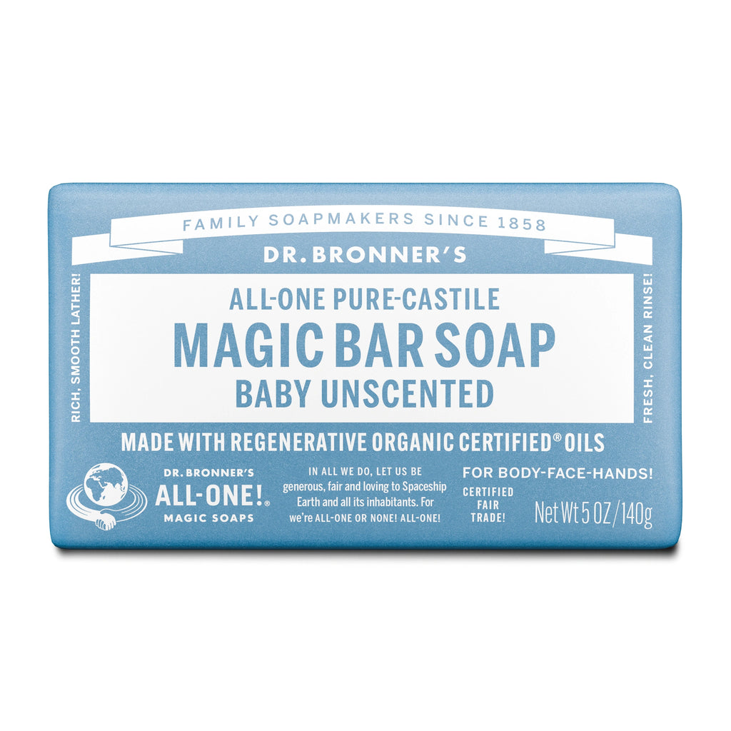 Dr. Bronners All One Pure Castile Magic Bar Soap, Baby Unscented, features a blue wrapper with white text promoting its regenerative organic certified oils, body face hands use, and fair trade certification. Net wt 5 oz140g [5 oz]