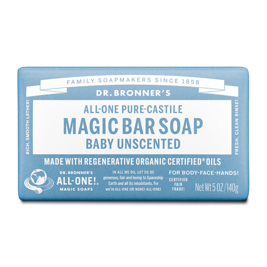 Dr. Bronners All One Pure Castile Magic Bar Soap, Baby Unscented, features a blue wrapper with white text promoting its regenerative organic certified oils, body face hands use, and fair trade certification. Net wt 5 oz140g [5 oz]
