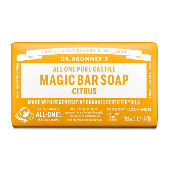 Dr. Bronners Citrus Magic Bar Soap features on its orange packaging DR. BRONNERS, ALL ONE PURE CASTILE MAGIC BAR SOAP, CITRUS. Made with organic oils, eco friendly. Suitable for multiple cleaning uses [5 oz]