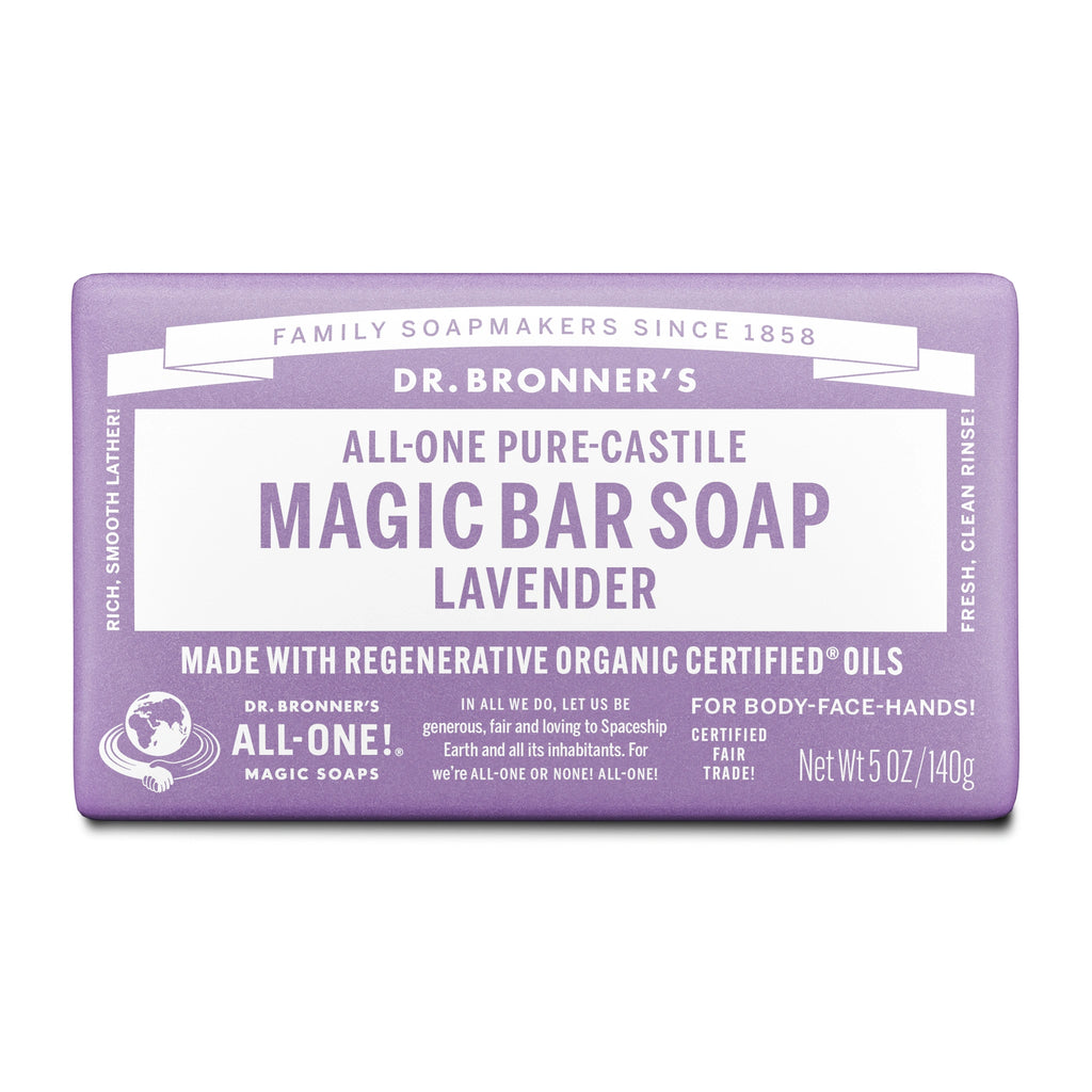 Dr. Bronners lavender Magic Bar Soap features lavender packaging with white text. It emphasizes All One Pure Castile Magic Bar Soap and Made with Regenerative Organic Certified Oils. Net weight 5 oz140g. Perfect for body and hands [5 oz]