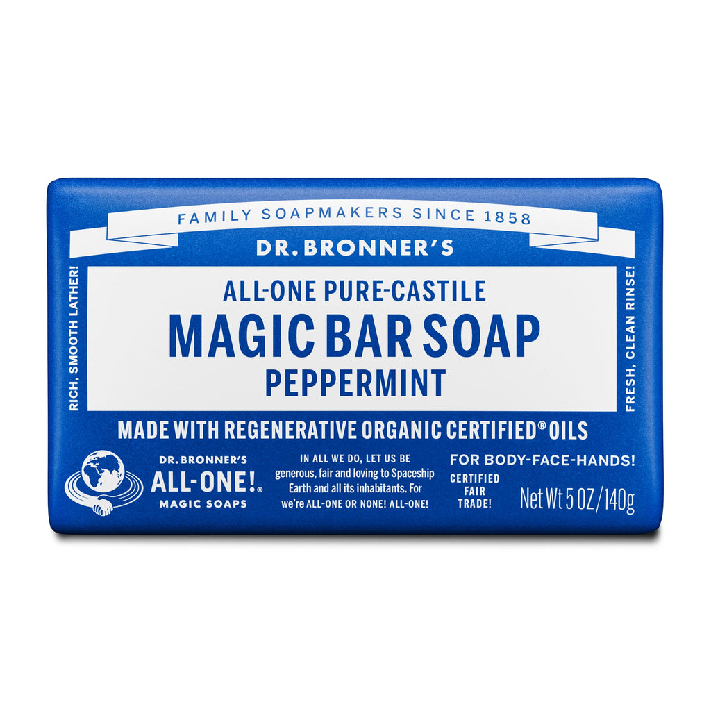 A bar of Dr. Bronners Magic Pure Castile Soap in peppermint scent with blue packaging. Text includes Dr. Bronners All One Pure Castile Magic Bar Soap Peppermint, Made with Regenerative Organic Certified Palm Oil [5 oz]