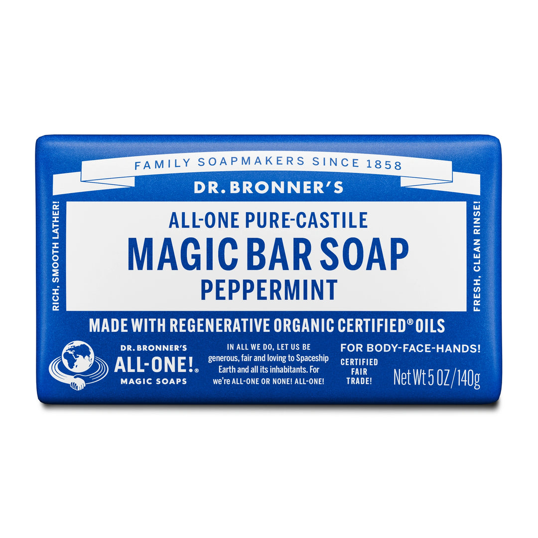 Dr. Bronner’s Peppermint Pure Castile Magic Bar Soap made with regenerative organic and fair trade oils, suitable for body, face, and hands.