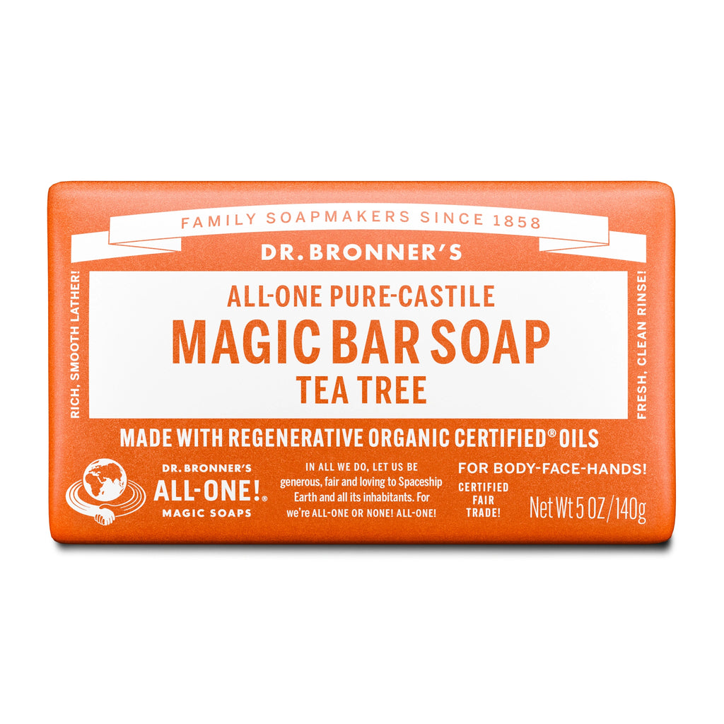 Dr. Bronners Magic Bar Soap, Tea Tree flavor, wrapped in orange and white packaging. It promotes regenerative organic certified oils, fair trade, and is intended for body, face, and hands. Net weight 5 oz140 g [5 oz]