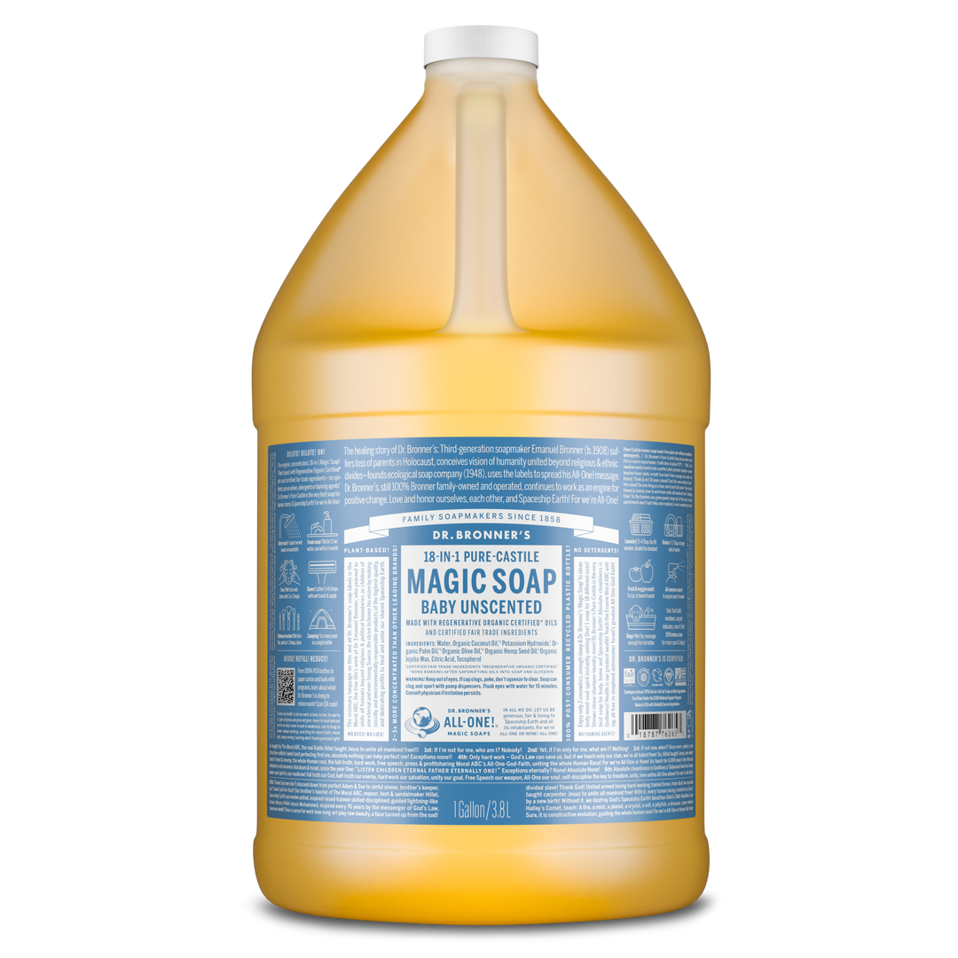 A gallon sized jug of Dr. Bronners 18 in 1 Pure Castile Magic Soap, Baby Unscented, with blue labeling featuring product details and usage information, highlighting its organic ingredients [1 Gallon]
