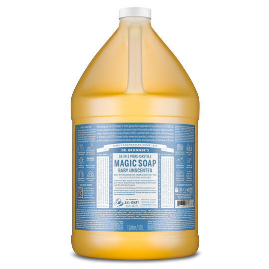 A gallon sized jug of Dr. Bronners 18 in 1 Pure Castile Magic Soap, Baby Unscented, with blue labeling featuring product details and usage information, highlighting its organic ingredients [1 Gallon]